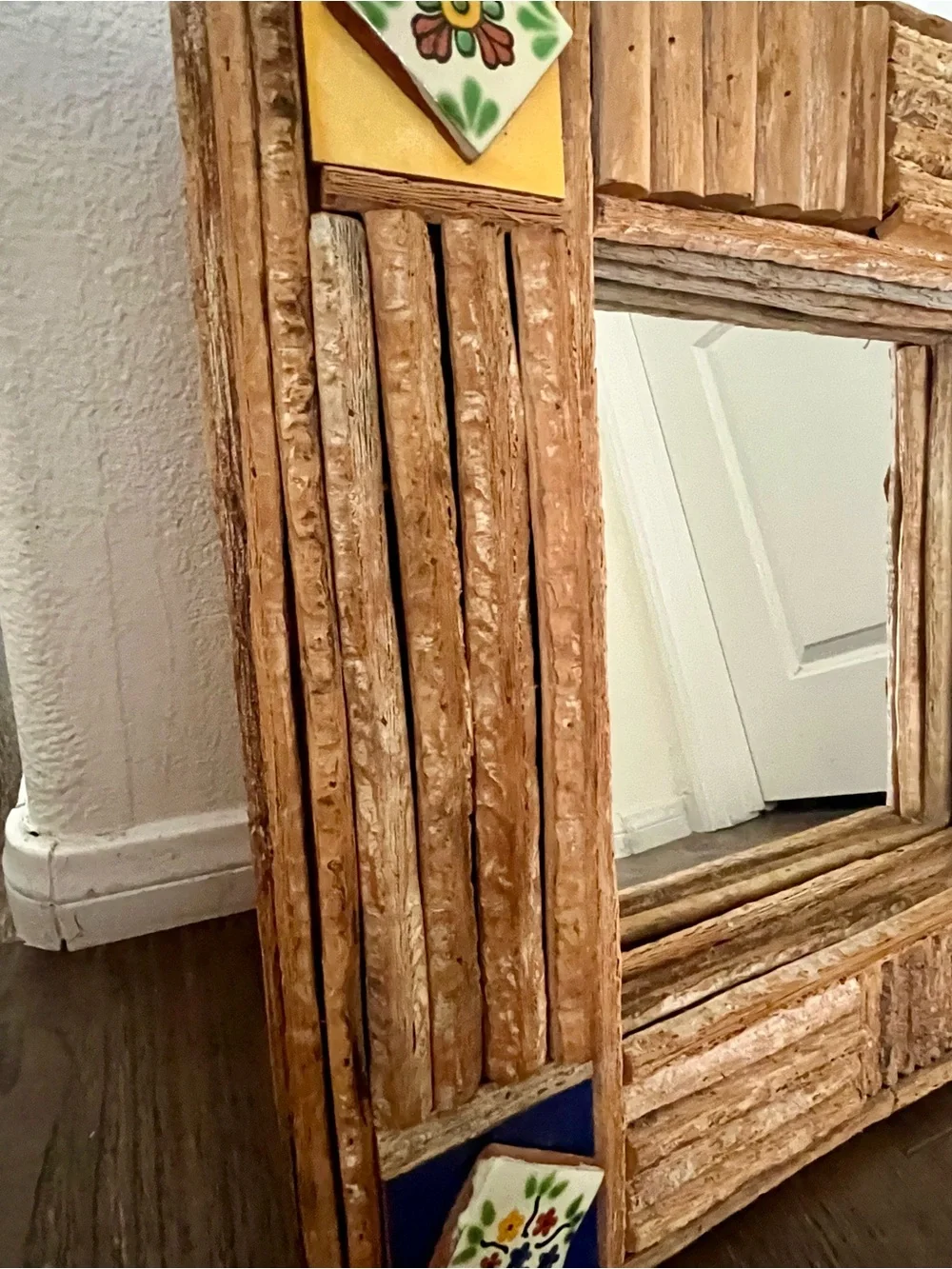 Rustic Wood Frame Wall Mirror with Colorful Tile Accents - Brown